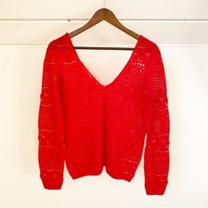 SEZANE Red Crochet V Neck Off Shoulder Mohair Wool Sweater Small Eyelet Pattern